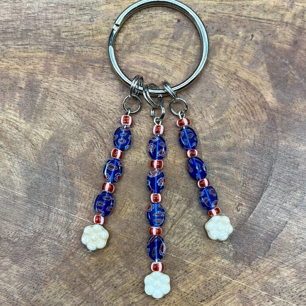 White Flower Beaded Keychain Blue Red Glass | Handmade